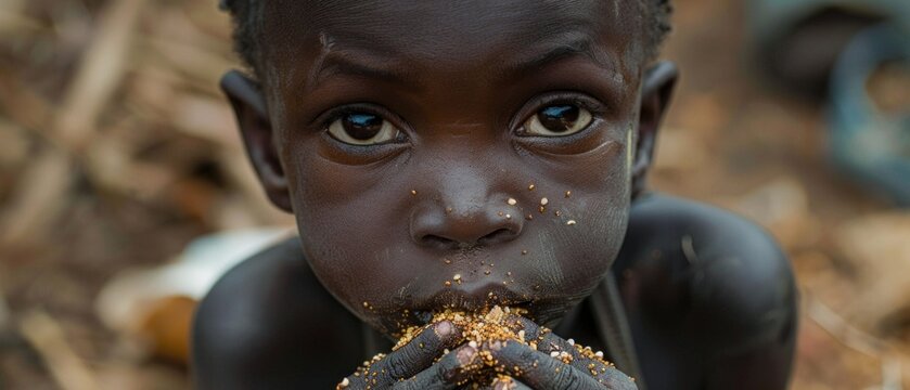 A child eats grain while sitting on the ground. Suitable for social projects, charities and articles about world hunger issues.