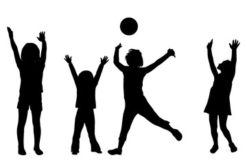 Children silhouettes. Little boys and girl playing with a ball. Vector illustration.	
