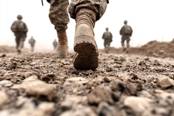 Obraz premium Soldiers Marching on Muddy Terrain Close Up of Boots Military Operation Ground View
