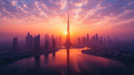 Fototapeta premium Sunrise cityscape, Dubai, aerial view, hazy skyline, tourism