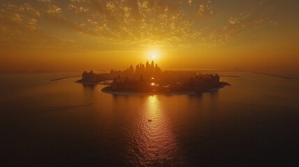 Obraz premium Sunrise over island city, golden hour, aerial view, travel