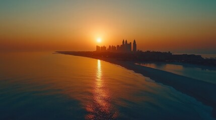 Sunrise cityscape coastal aerial view, golden hour, beach