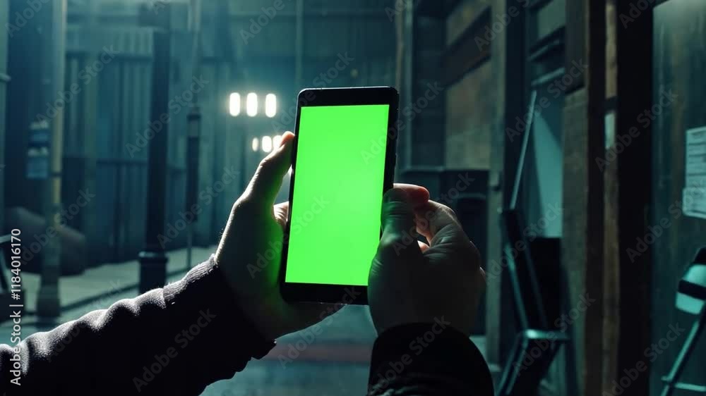 Aufkleber a person holds a smartphone with a vibrant green chromakey background in an industrial urban setting