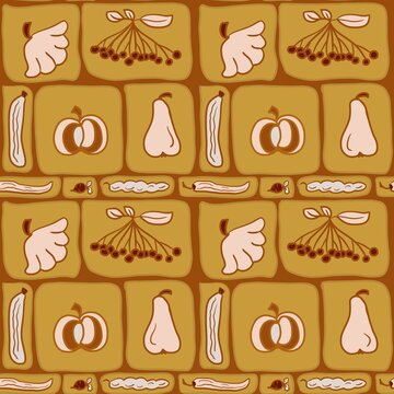 Pumpkins, rowan berries fall harvest in mustard yellow, ochre collage seamless pattern tile