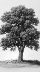 Lone tree on hill, clear sky, detailed drawing, nature study