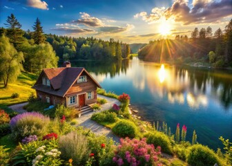 Fototapeta premium Escape to a scenic lakefront cabin retreat. Cozy cottage, aerial view.