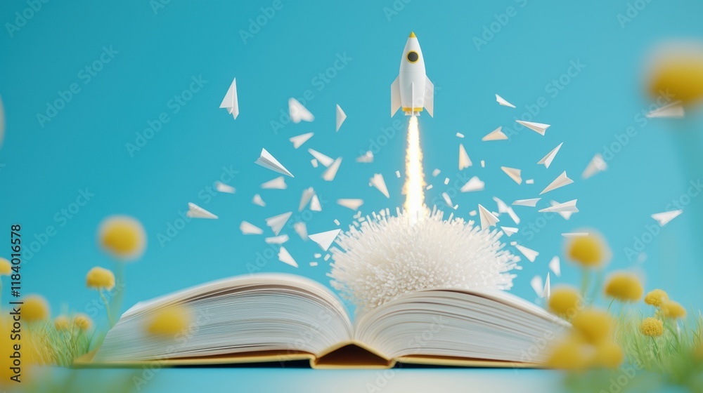 Poster an open book with its pages transforming into paper airplanes soaring towards a rocket launching int