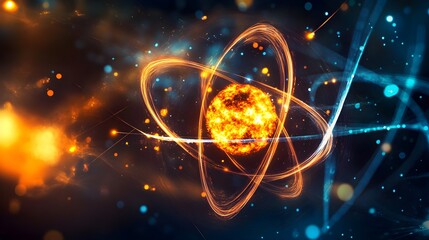 A vibrant, artistic representation of nuclear fission, where glowing atomic particles interact in dynamic patterns, surrounded by swirling energy fields and abstract visual elements, symbolizing 