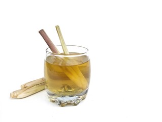 Lemongrass boiled water in glass on white background 
