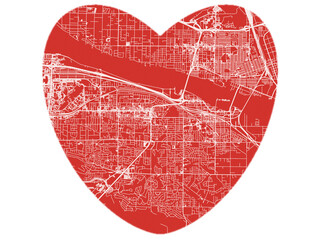 Heart-Shaped Map of Kennewick Washington, USA in Bold Red and White Design.