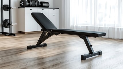 Fototapeta premium A black bench is in a gym with a white wall