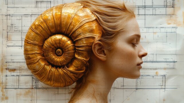 Golden shell headdress, woman profile, blueprint background, artistic portrait