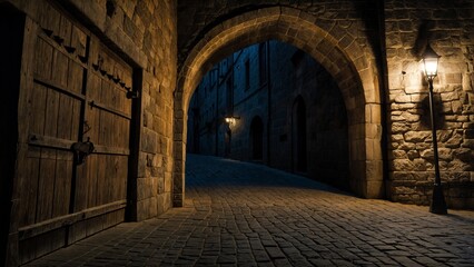 Fototapeta premium Cobblestone street at night under a historic archway with lanterns lighting the path
