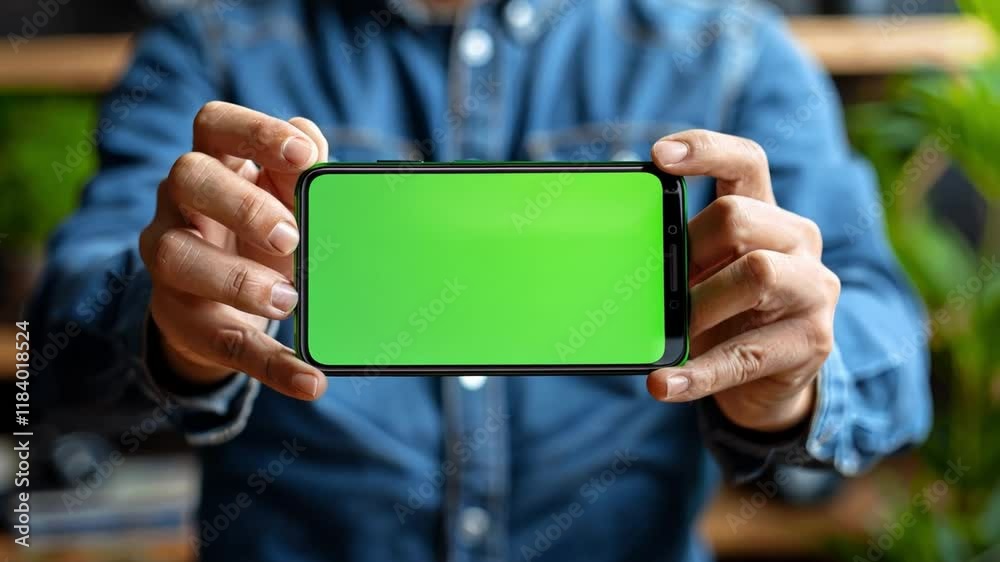 Aufkleber a person holds a smartphone featuring a vibrant green screen in a modern workspace filled with plant