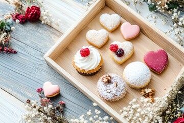 A delightful assortment of heart-shaped pastries and cupcakes in a wooden tray, perfect for celebrations.