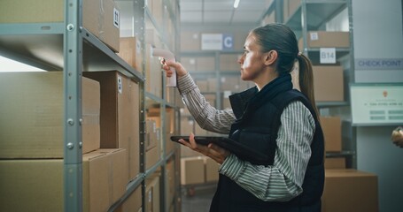 Female Inventory Specialist Scans Parcels with E-Commerce Online Orders on Shelves in Warehouse Retail Facility, Checks Delivery Information Using Tablet Computer. Sorting Center of Postal Service.
