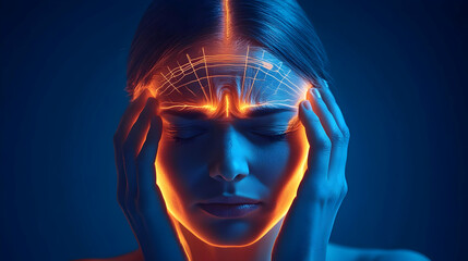 Woman's head pain, futuristic scan, dark studio