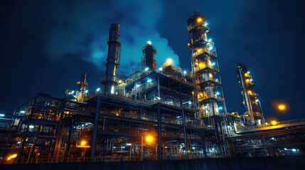 Nighttime refinery, industrial complex, smokestacks, glowing lights, city backdrop, energy production