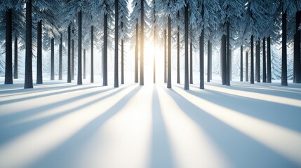 A sun drenched clearing in a snow covered forest, with tall pine trees casting long shadows on the pristine snow, sunlight filtering through the branches, creating a magical and serene atmosphere.