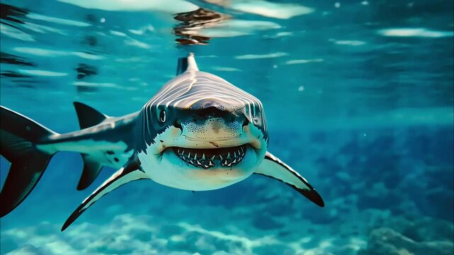 A shark swims underwater in blue lighting showing its sharp teeth in a close-up underwater shot