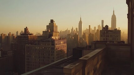 Golden hour cityscape view from rooftop balcony.