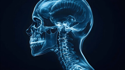 X-ray skull profile, dark background, medical study