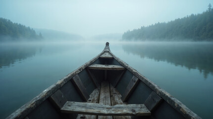 Obraz premium Old wooden boat on a quiet lake