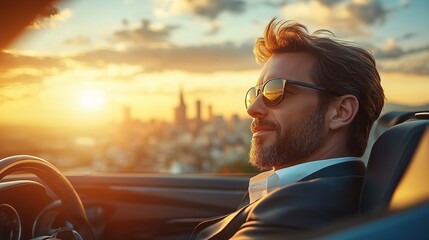 Naklejka premium On a bright and sunny morning, wide-angle view captures confident and successful businessman, with a panoramic view of city in background, as he sits in his sleek car, professionalism, hd image