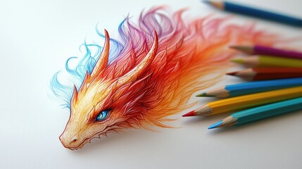 Fiery Dragon Head: A Detailed Colored Pencil Illustration of a Mythical Creature