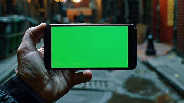 A hand holds a smartphone showing a vibrant green screen in a narrow alley. Surrounding elements include dim lighting, reflections on wet pavement, and distant figures walking.