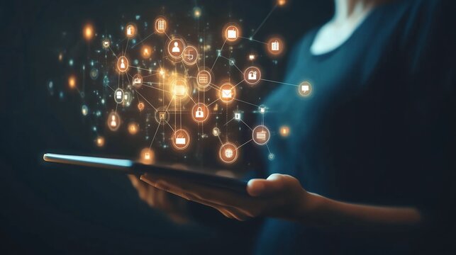 A person holds a tablet with digital icons representing technology and connectivity.