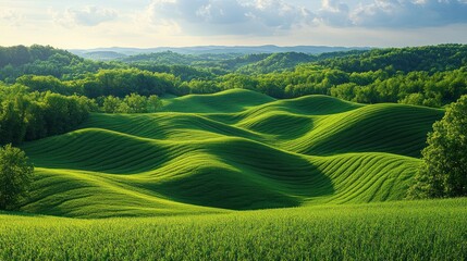 Obraz premium Rolling green hills, sunlit farmland, summer landscape, idyllic rural scene, nature background