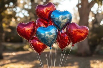 Obraz premium A whimsical arrangement of heart balloons in a park
