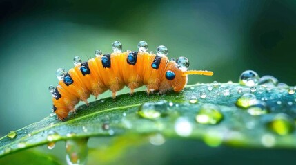 Naklejka premium Vibrant Orange Caterpillar on Dew-Kissed Leaf