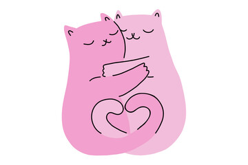 Cute cats hug. Hand drawn cats with heart tails. Valentine's Day Card. Simple cartoon animal couple. Stock vector illustration isolated on a white background.