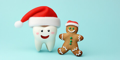Holiday-themed tooth and gingerbread character with hats