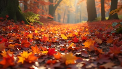 Vibrant Autumn Forest Floor, Red, Orange, and Gold Leaves Scattered in Soft Sunlight - Fall Foliage Scene