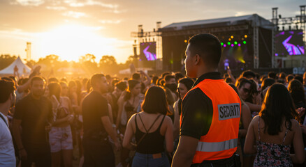 Security guard, crowd and music festival with event for public safety and people with concert. Protection, asian and sunset with employee, venue and uniform for entertainment, party or outdoor