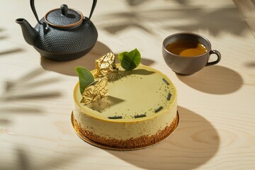 A photo of a cheesecake with an oriental style decoration