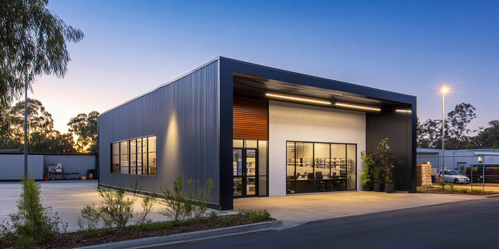 Modern commercial building with sleek design at dusk