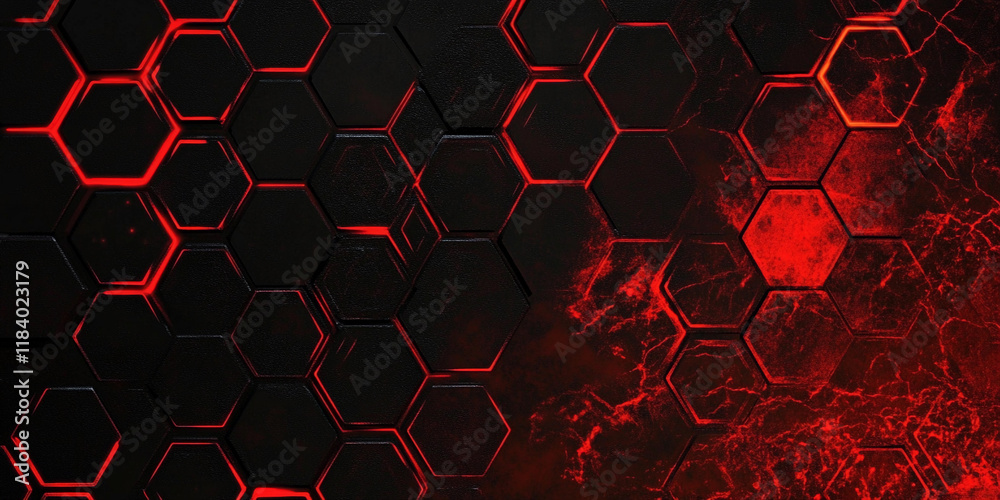 Poster Abstract red and black geometric pattern with hexagons