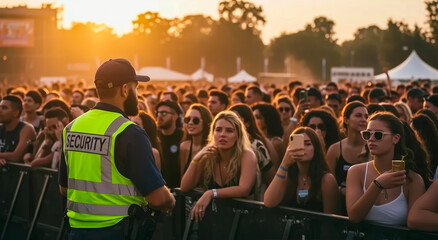 Security, crowd and party in concert, event or festival with guard for control. Safety, people and public with celebration at outdoor, music and evening for protection