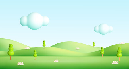 3d spring landscape. . Cartoon summer background with green hills, tree, grass mountain, clouds in sky. Park scene. Childish vector illustration