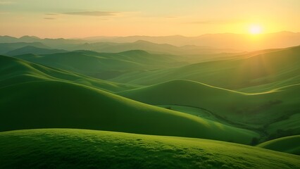 Obraz premium Serene Sunset Landscape, Rolling Green Hills at Golden Hour