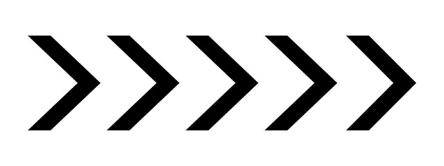 Black chevron arrows. Five repeated V-shaped stripes. Motion, download, road caution, orientation, army insignia sign. Direction, military or navigation symbol. Vector illustration.