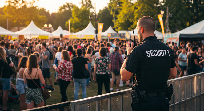 Security, crowd and party in concert, event or festival with guard for control. Safety, people and public with celebration at outdoor, music and evening for protection
