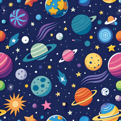 A whimsical space pattern with colorful planets and stars.