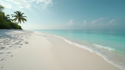 Serene Minimalist Beach, Silver Palm Tree, Soft Sand, Turquoise Water