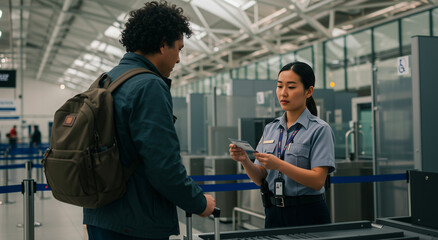 Security, man and check in airport with asian agent for travel or process. Passport, safety and person with identity and control at terminal for luggage or trip