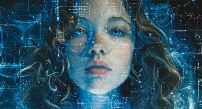 Image of digital interface with data processing over woman's face. digital interface, communication and technology concept digitally generated image.